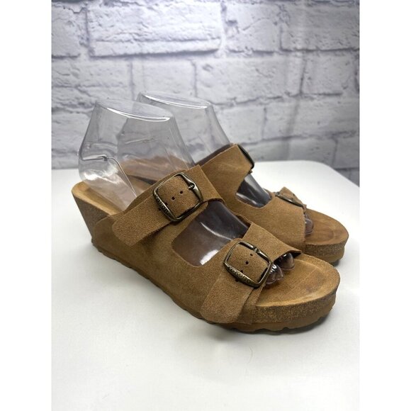 Yokono Wedge Slide Sandals Slide On Leather Beige Tan Ladies size 8 Adjustable - Picture 13 of 14